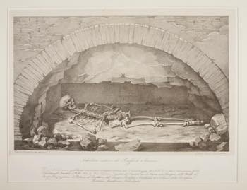 ジャンバッティスタ・ボラーニ（ヴィンチェンツォ・カムッチーニの素描に基づく）《墓開きの際のラファエッロの骸骨》、1833年、リトグラフ、トーヴァルセン美術館、コペンハーゲン（ http://www.thorvaldsensmuseum.dk/ より）